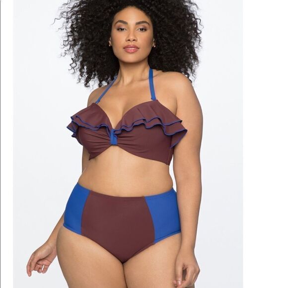ELOQUII Ruffle Frill Colorblock Bikini Top and Bottom - Picture 1 of 11